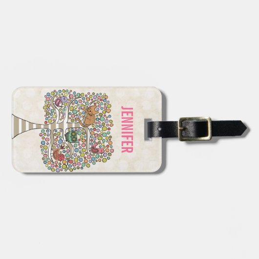 Étiquette À Bagage Chouette chatte et oiseaux dans un arbre Illustrat (Devant horizontal)