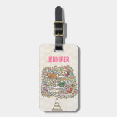 Étiquette À Bagage Chouette chatte et oiseaux dans un arbre Illustrat (Devant Vertical)