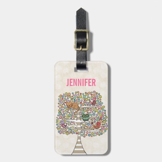 Étiquette À Bagage Chouette chatte et oiseaux dans un arbre Illustrat (Devant Vertical)