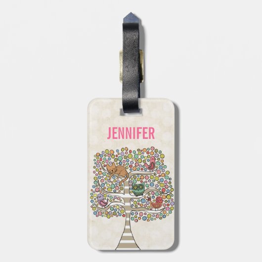 Étiquette À Bagage Chouette chatte et oiseaux dans un arbre Illustrat (Dos Vertical)