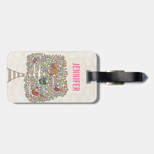 Étiquette À Bagage Chouette chatte et oiseaux dans un arbre Illustrat (Dos horizontal)