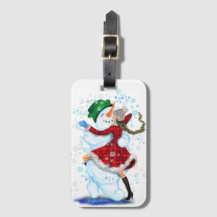 Étiquette À Bagage Christmas Luggage Tag Snowman and Girl Dance