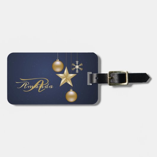 Étiquette À Bagage Christmas Monogram Golden Ornaments Navy Blue (Devant horizontal)