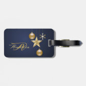 Étiquette À Bagage Christmas Monogram Golden Ornaments Navy Blue (Dos horizontal)