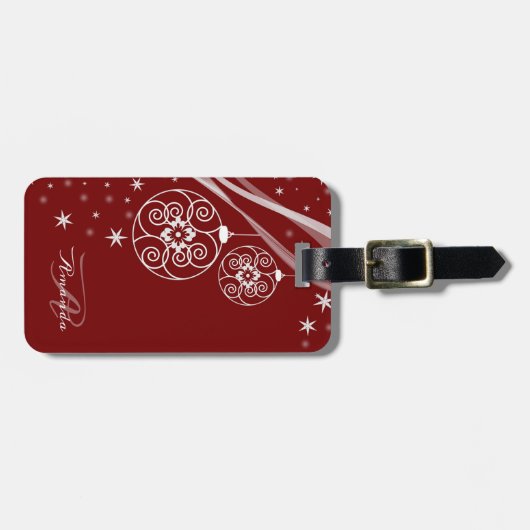 Étiquette À Bagage Christmas Monogram White Ornaments Red Elegant (Devant horizontal)