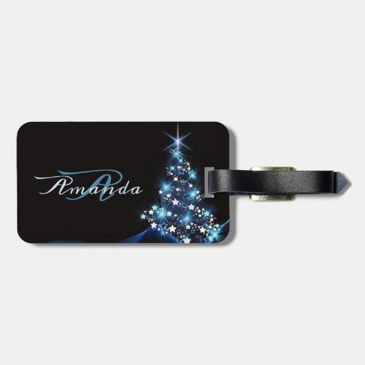 Étiquette À Bagage Christmas Party Blue Tree Shiny Black Elegant (Dos horizontal)