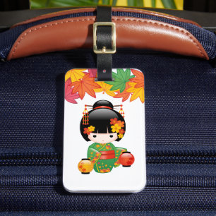 Étiquette À Bagage Chute Poupée Kokeshi - Green Kimono Geisha Girl