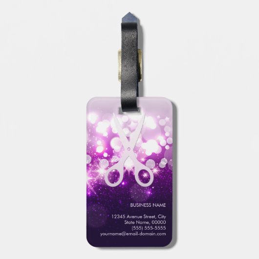 Étiquette À Bagage Ciseaux pourpres scintillants de coiffeur et de (Dos Vertical)