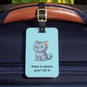 Étiquette À Bagage Citation de chat tabby gris grincheux bleu