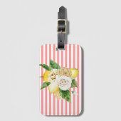Étiquette À Bagage Citrons et roses à rayures roses (Devant Vertical)