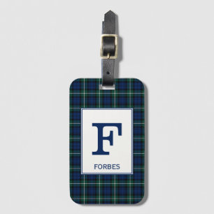 Étiquette À Bagage Clan Forbes Tartan Monogramme vert et bleu Plaid