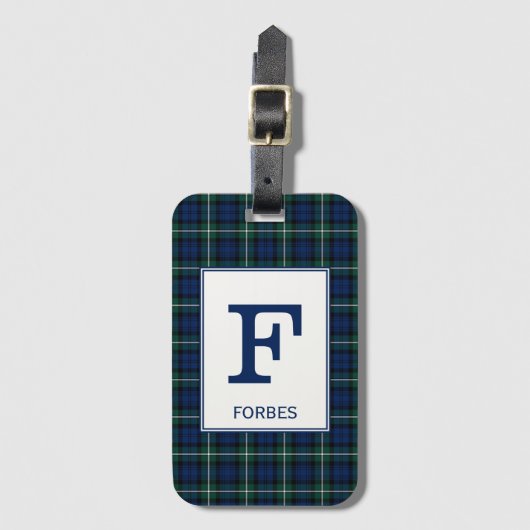 Étiquette À Bagage Clan Forbes Tartan Monogramme vert et bleu Plaid (Devant Vertical)