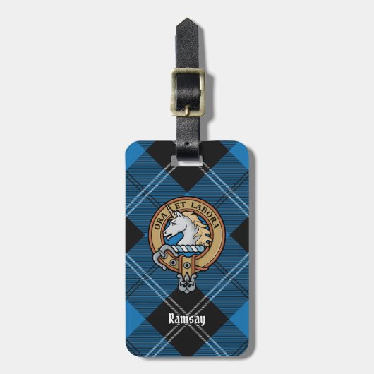 Étiquette À Bagage Clan Ramsay Crest sur Blue Hunter Tartan (Devant Vertical)