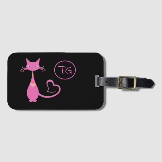 Étiquette À Bagage Classic Retro rose Kitty Chat Coeur Tail Monogramm (Devant Horizontal)