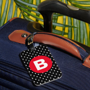Étiquette À Bagage Classique pois noir et blanc avec monogramme rouge