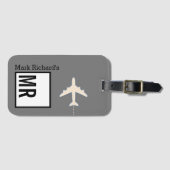 Étiquette À Bagage Classy Nom et initiales du voyageur élégant gris (Devant Horizontal)