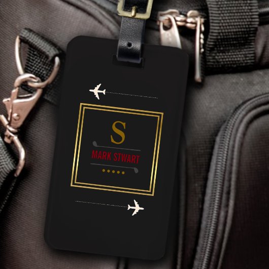 Étiquette À Bagage Clubs de golf, nom & initiale sur noir monogrammed