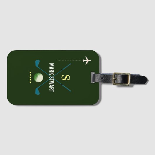 Étiquette À Bagage Clubs de golf, nom + initiale sur vert monogrammé (Devant Horizontal)