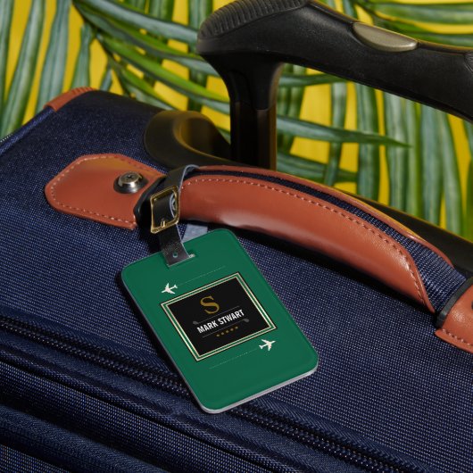Étiquette À Bagage Clubs de golf, Nom & Initiale sur vert monogrammé (Insitu Rectoal 1)