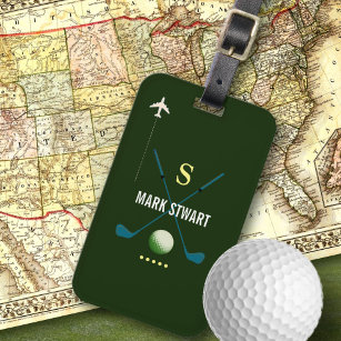 Étiquette À Bagage Clubs de golf, nom + initiale sur vert monogrammé