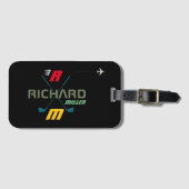 Étiquette À Bagage clubs de golf, nom & initiales sur noir monogramme (Devant Horizontal)