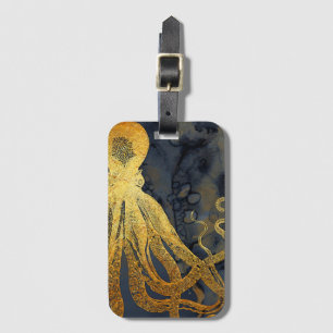 Étiquette À Bagage Coastère Vintage Octopus Gold Black Blue Aquarelle