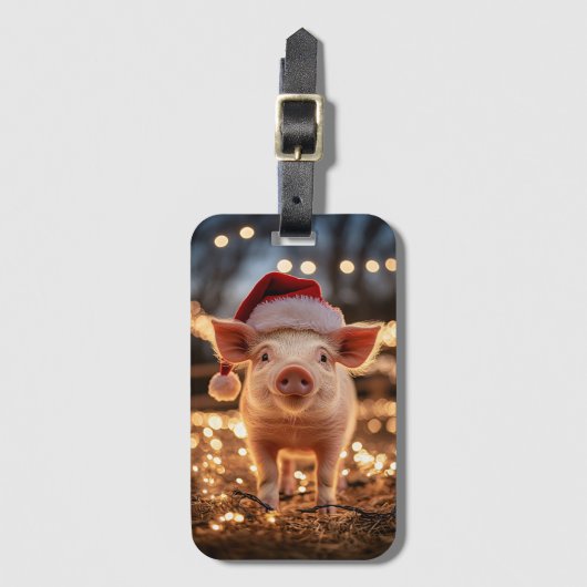 Étiquette À Bagage Cochon dans un chapeau de Père Noël (Devant Vertical)