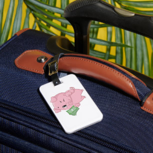 Étiquette À Bagage Cochon Rose Tenant de l'Argent Comptant Faisant un