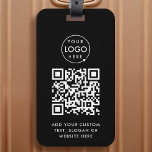 Étiquette À Bagage Code QR | Black Business Logo Professional Modern<br><div class="desc">Un simple modèle de code QR d'entreprise noire personnalisé dans un style minimaliste moderne qui peut être facilement mis à jour avec le logo de votre entreprise,  le code QR et le texte personnalisé,  par exemple,  scannez-moi vers...  #QRcode #logo #porte - clé #business</div>