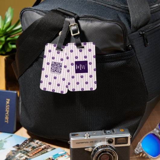 Étiquette À Bagage Code QR monogramme Fleur violette (Recto & Verso)