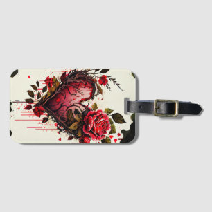 Étiquette À Bagage Coeur avec fleurs d'aquarelle rouge roses carte d'