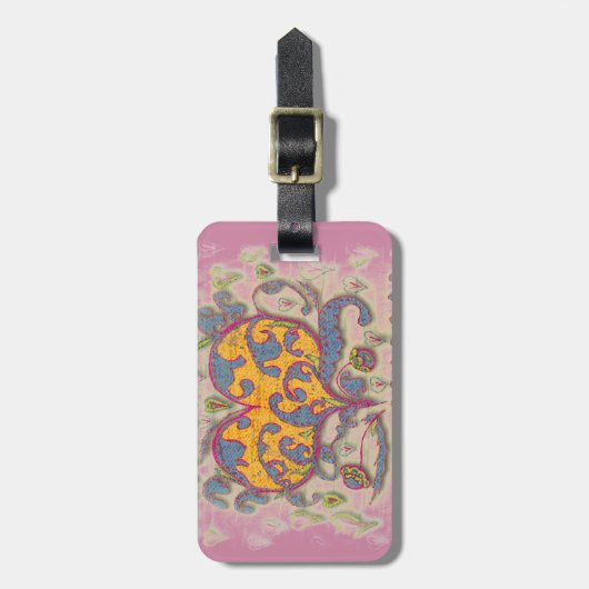 Étiquette À Bagage Coeur d'art populaire avec feuilles et fleurs (Devant Vertical)