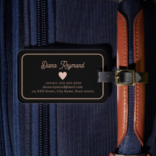 Étiquette À Bagage Coeur romantique Élégant Noir