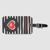 Étiquette À Bagage Coeur rouge rayé noir et blanc moderne (Devant Horizontal)