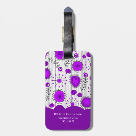 Étiquette À Bagage Coeurs blancs violet blanc Whimsical fleurs nom fl (Dos Vertical)