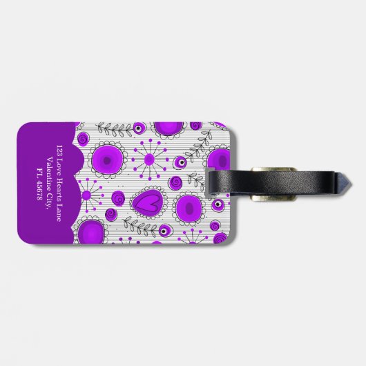 Étiquette À Bagage Coeurs blancs violet blanc Whimsical fleurs nom fl (Dos horizontal)