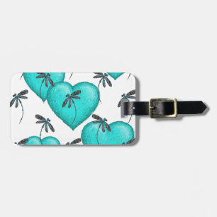 Étiquette À Bagage Coeurs d'amour et libellules Turquoise