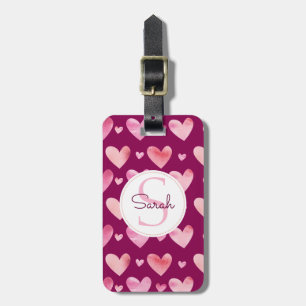 Étiquette À Bagage Coeurs d'aquarelle rose Valentines & Monogrammes