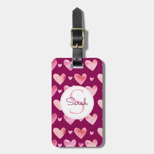 Étiquette À Bagage Coeurs d'aquarelle rose Valentines & Monogrammes (Devant Vertical)