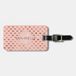 Étiquette À Bagage Coeurs de cuivre métallique rose Girly Script Mono