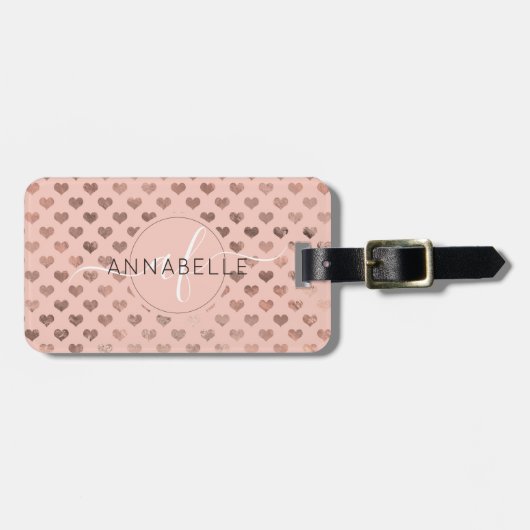 Étiquette À Bagage Coeurs de cuivre métallique rose Girly Script Mono (Devant horizontal)