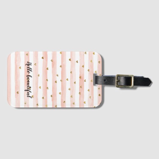 Étiquette À Bagage Coeurs dorés à rayures roses (Devant Horizontal)
