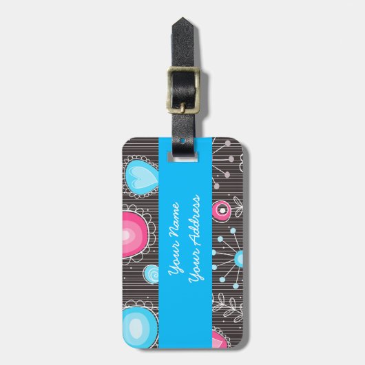 Étiquette À Bagage Coeurs et fleurs rose et bleu Whimsical (Devant Vertical)