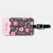 Étiquette À Bagage Coeurs gris rose blanc et nom fleuri (Devant horizontal)