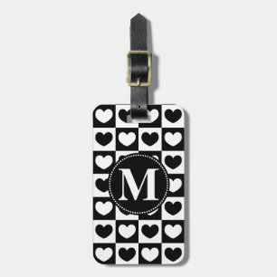 Étiquette À Bagage Cœurs noirs et blancs, Monogramme