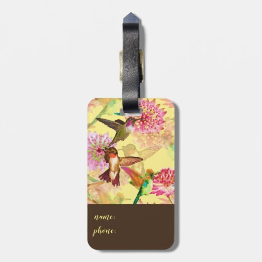 Étiquette À Bagage Colibris et Astrantia Monogram Aquarelle (Dos Vertical)