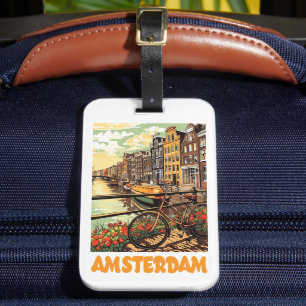 Étiquette À Bagage Coloré Amsterdam Hollande Ville du Canal Vintage