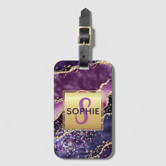 Étiquette À Bagage Conception de l'agate de paillettes rose, violette (Devant Vertical)