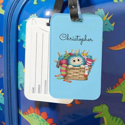 Étiquette À Bagage Conception de monstre de chaussette bleu mignon et