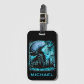 Étiquette À Bagage Cool Blue Howling Wolf Moon Forest personnalisée (Devant Vertical)
